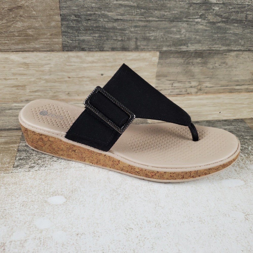 Bzees Bay Womens Wedge Sandals Sz 8.5 M Black Linen Fabric Slip On Thong stretch